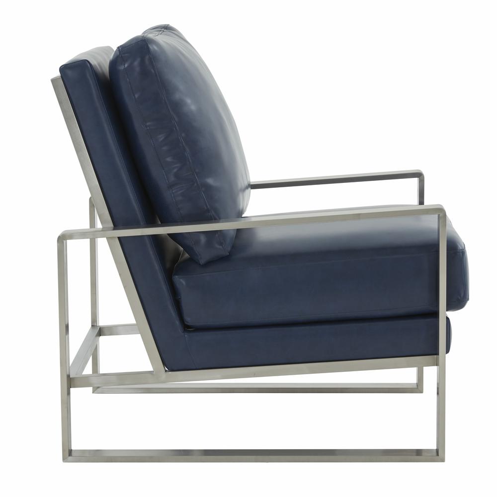 LeisureMod Jefferson Leather Modern Design Accent Armchair With Elegant Silver Frame, Navy Blue
