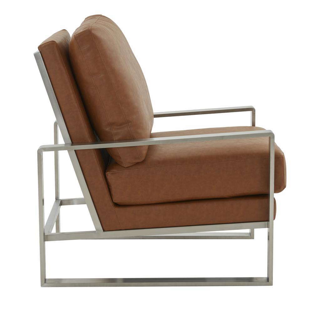 LeisureMod Jefferson Leather Modern Design Accent Armchair With Elegant Silver Frame, Cognac Tan