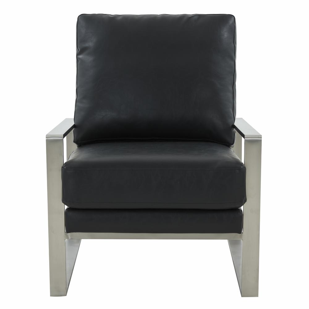 LeisureMod Jefferson Leather Modern Design Accent Armchair With Elegant Silver Frame, Black