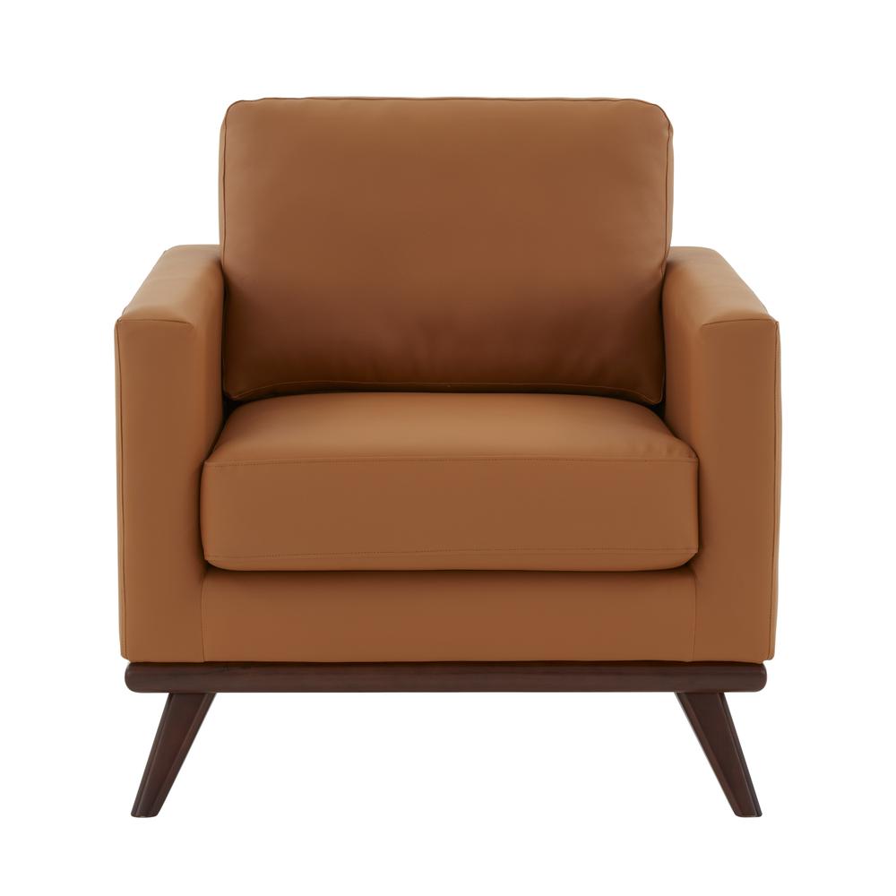 LeisureMod Chester Modern Leather Accent Arm Chair With Birch Wood Base, Cognac Tan