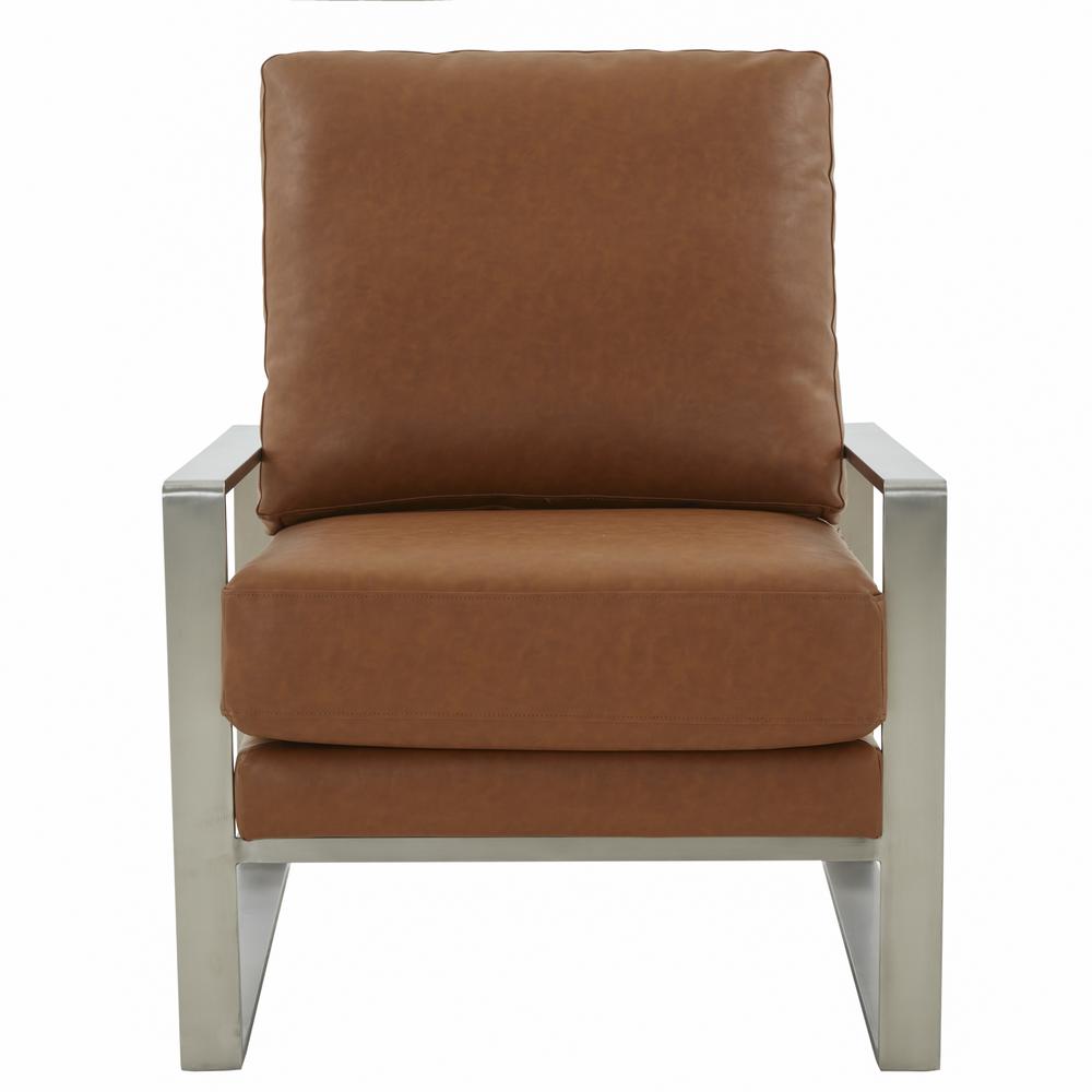 LeisureMod Jefferson Leather Modern Design Accent Armchair With Elegant Silver Frame, Cognac Tan