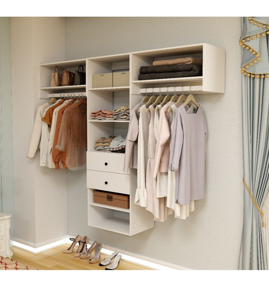 71H Closet Organizer System, Wood Closet System with Drawers, Walk in Closet Organizers and Storage with Hanging Rod, DIY Wardrobe Closet with Shelves for Bedroom (87.5W x 16D x 71H)