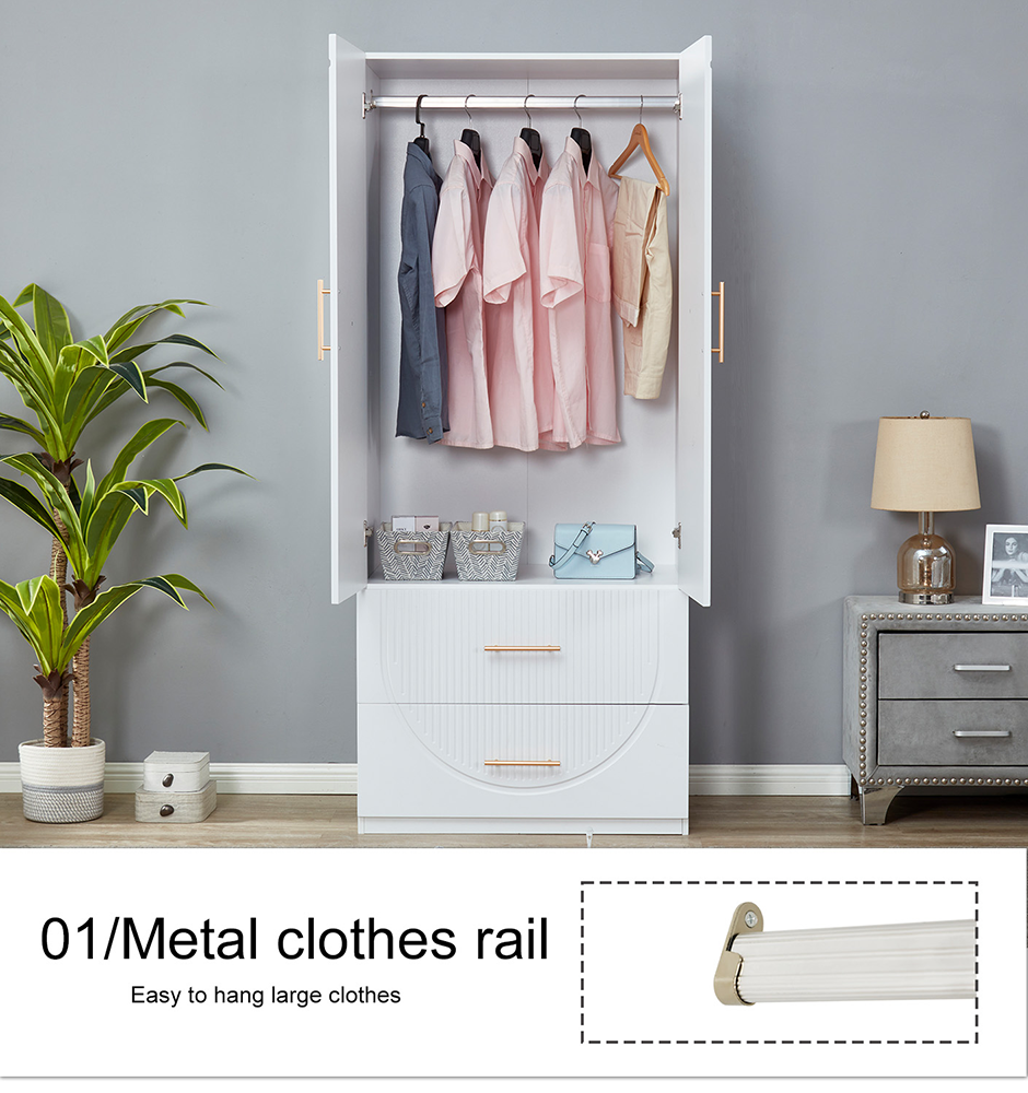 LivelyLodge 74.2 H White 2 Doors 2 Drawers Modern Wooden Armoire Wardrobe Bedroom Freestanding Closet Storage Cabinet Clothes Organizer Bathroom Storage with Hanging Rod Wardrobe Closet