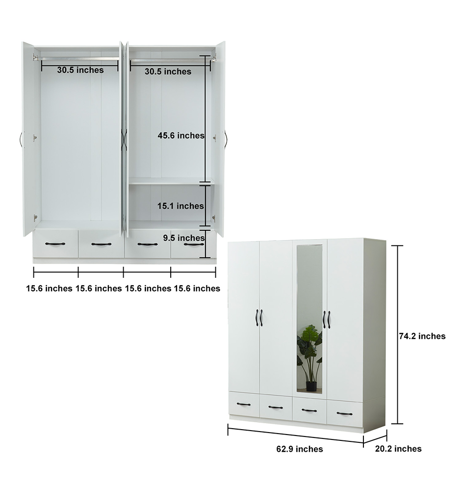 Mirror Wardrobe Closet 4 Doors White Wooden Freestanding Armoire Wardrobe Closet Bedroom Storage Wardrobe Cabinet Bathroom Clothes Storage Shelf with Hanging Rod Clothes Organizer