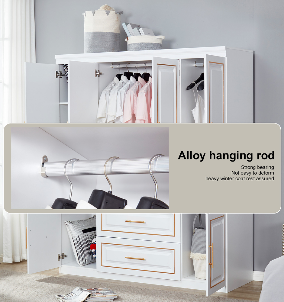 LivelyLodge 74 H 4 Doors Wardrobe Closet 2 Drawers White Wooden Closet Wardrobe Freestanding Bedroom Armoire Clothes Storage Cabinet Bathroom Storage Shelf with Hanging Rod Clothes Organizer