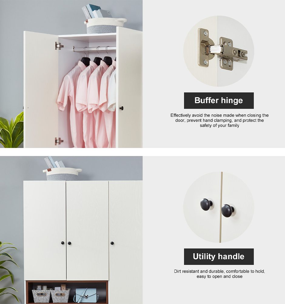 LivelyLodge 74 H 3 Doors White Wood Wardrobe Closet Armoire Freestanding Clothes Storage Closet Wardrobe Cabinet Clothes Large Storage Clothes Organizer with Hanging Rod for Bedroom Bathroom
