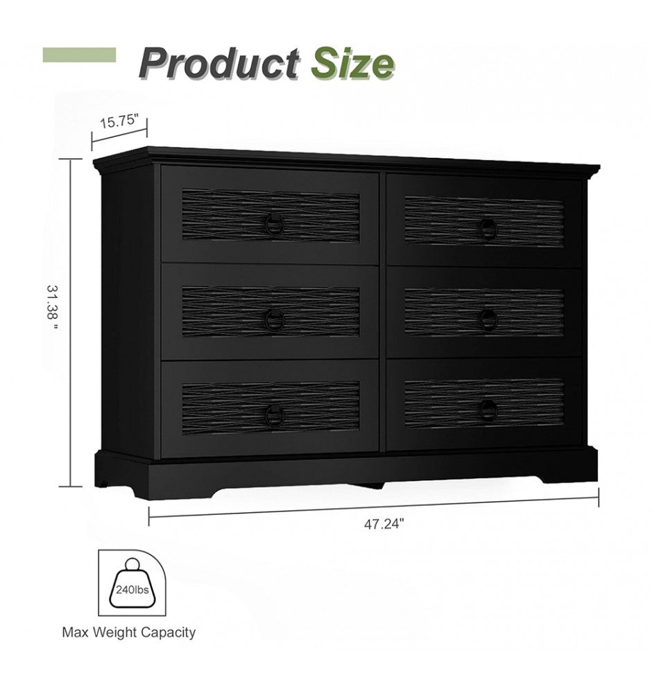 Wood Drawer Dresser with 6 Drawers, 47 Wide Farmhouse Tall Chest of Drawers for Bedroom, Living Room, Hallway, Entryway, Modern Drawers Organizer Large Storage Capacity Cabinet, Black