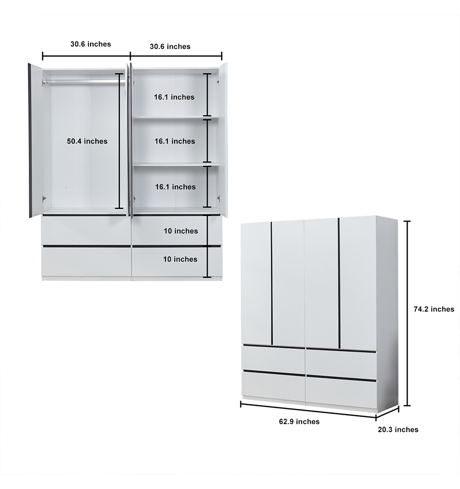 LivelyLodge 74.2 H 4 Doors White Wood Wardrobe Closet Armoire with Black line Bedroom Freestanding Clothes Storage Closet Bathroom Storage Organizer Wardrobe Closet Cabinet with Hanging Rod