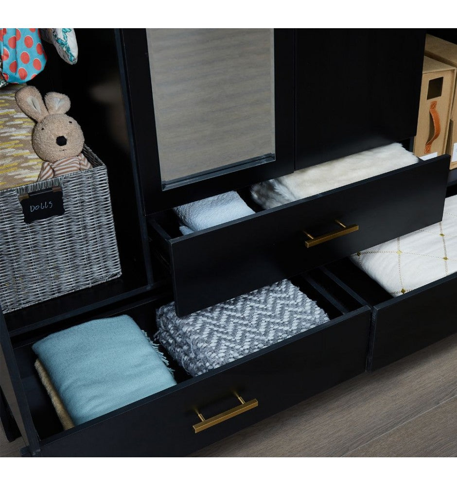 Armoire Wardrobe Closet & Cabinet with Mirror - 4 Door Wooden Armoire Wardrobe for Large Capacity Clothes Storage with Shelves and Hanging Rail, Black