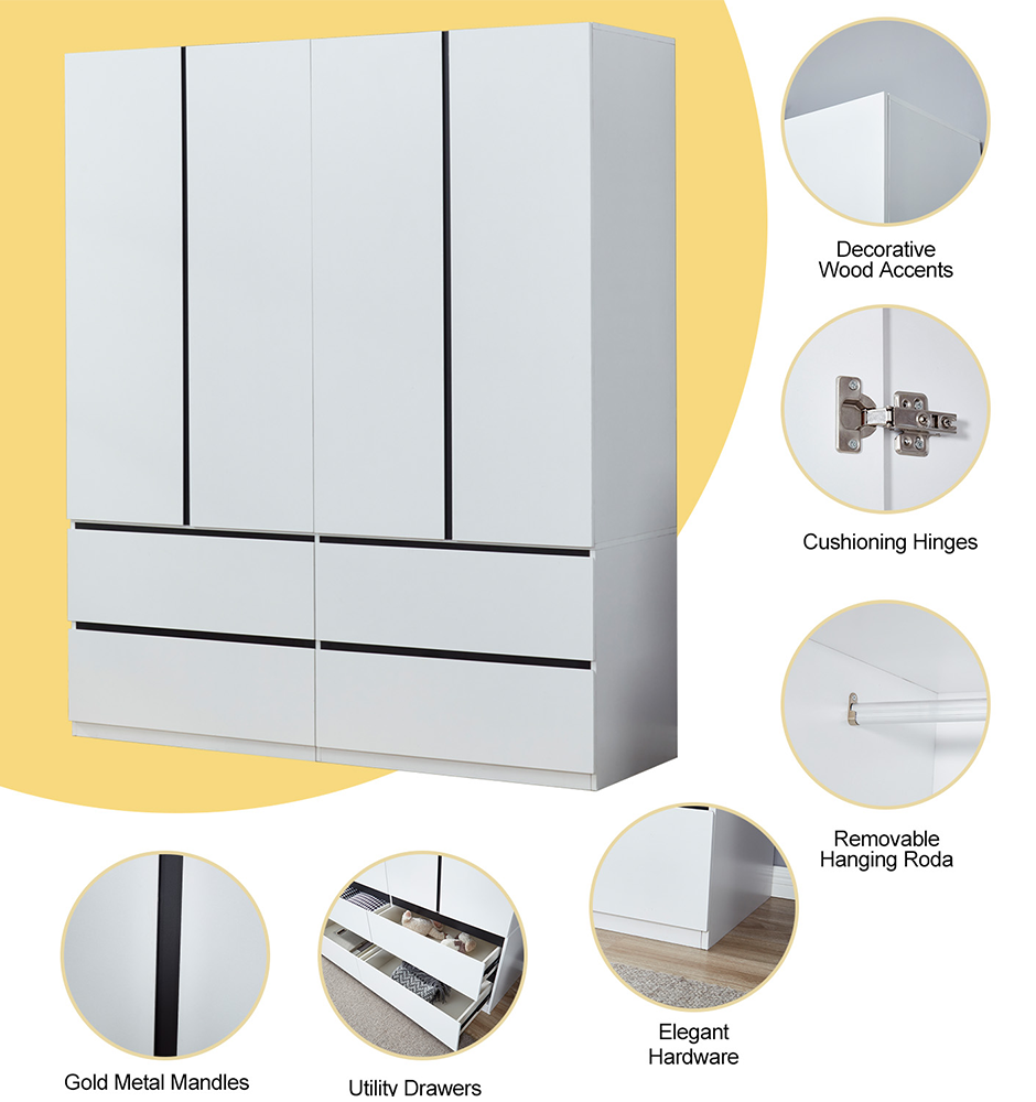 LivelyLodge 74.2 H 4 Doors White Wood Wardrobe Closet Armoire with Black line Bedroom Freestanding Clothes Storage Closet Bathroom Storage Organizer Wardrobe Closet Cabinet with Hanging Rod