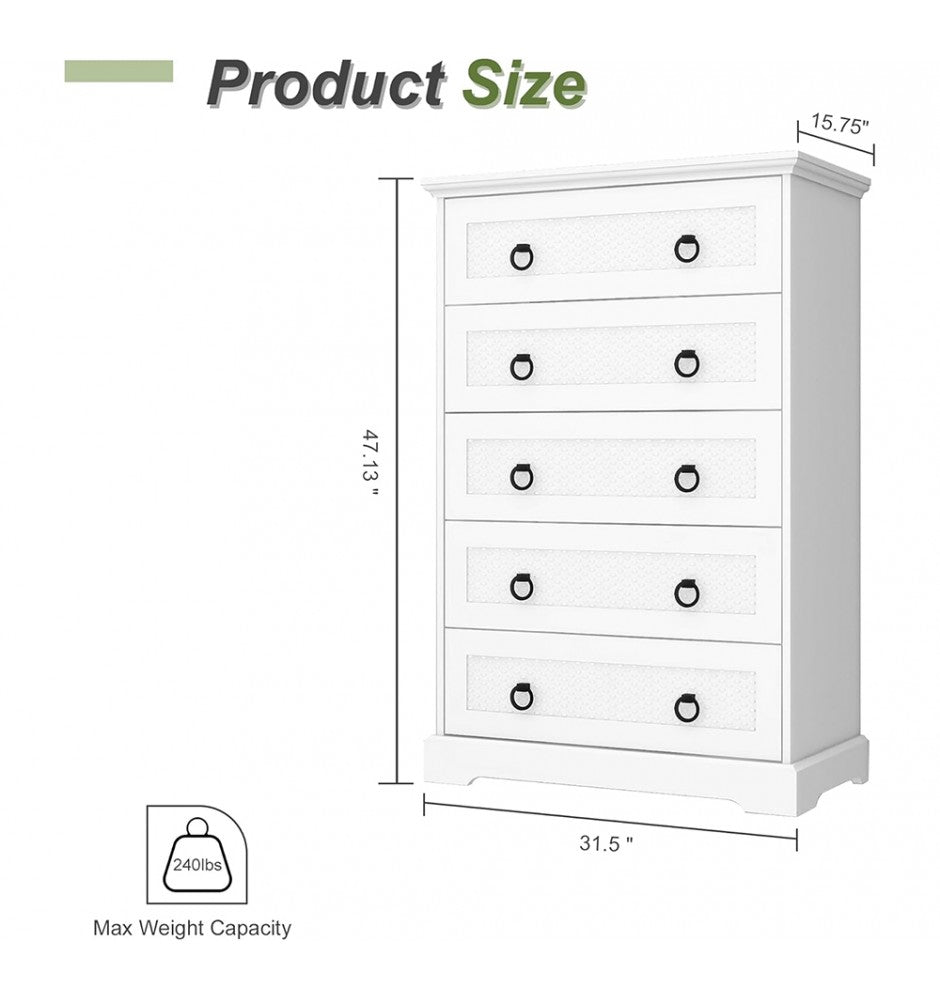 Wood 5 Drawer Dresser, 31.5 Wide Farmhouse Tall Chest of Drawers for Bedroom, Living Room, Hallway, Entryway, Modern Drawers Organizer Large Storage Capacity Cabinet, White