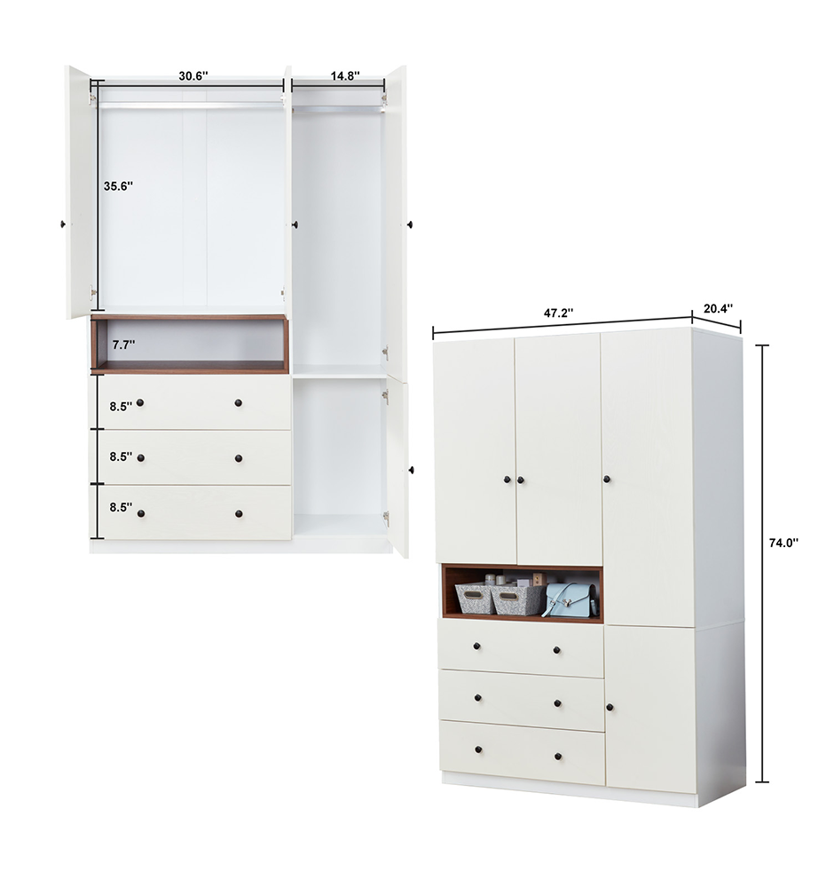 LivelyLodge 74 H 3 Doors White Wood Wardrobe Closet Armoire Freestanding Clothes Storage Closet Wardrobe Cabinet Clothes Large Storage Clothes Organizer with Hanging Rod for Bedroom Bathroom