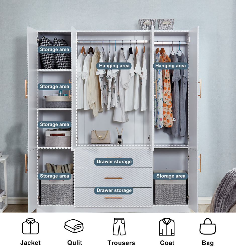 LivelyLodge 74.2 Tall 4 Doors 3 Drawers White Closet Wardrobe Closet Armoire Large Bedroom Freestanding Storage Closet Cabinet Bathroom Clothes Storage White Wooden Organizer with Hanging Rod Shelves