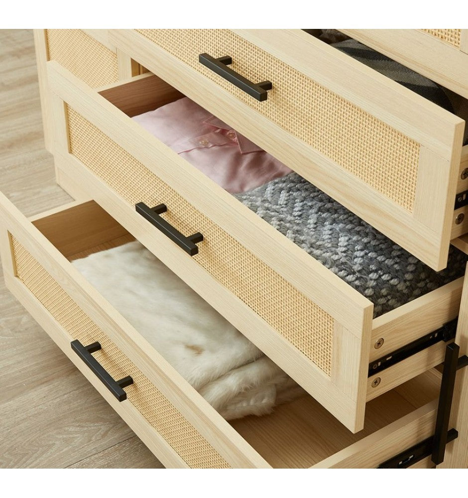 Natural Rattan Armoire Wardrobe Closet Wood with 4 Doors 4 Drawers 2 Mirrors Hanging Rod and Shelves Large Clothes Storage Cabinet for Bedroom Pantry 62.99W x 18.9D x 70.86H