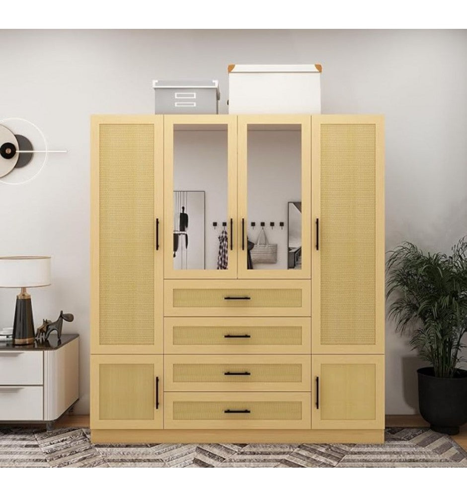 Natural Rattan Armoire Wardrobe Closet Wood with 4 Doors 4 Drawers 2 Mirrors Hanging Rod and Shelves Large Clothes Storage Cabinet for Bedroom Pantry 62.99W x 18.9D x 70.86H