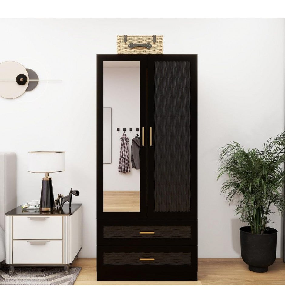 Modern Wooden Closet Armoire Wardrobe with 2 Doors, Hanging Rod, 2 Drawers, Mirror, Shelving Large Capacity Clothes Storage Wardrobe for Bedroom Black