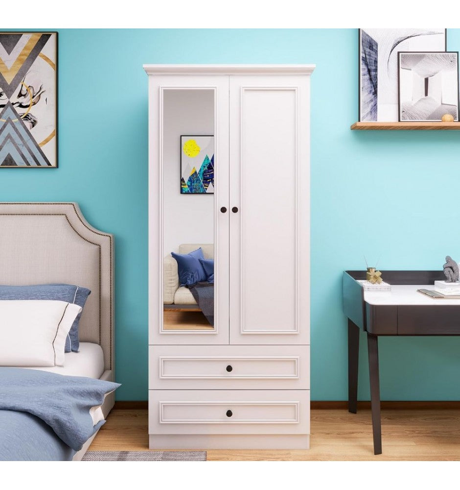 Wooden Armoire Wardrobe Closet: White Wardrobe Closet with 2 Doors, 2 Hanging Rods, 2 Drawers, Mirror and Shelves Large Capacity Clothes Storage Cabinet Tall Wardrobe for Bedroom