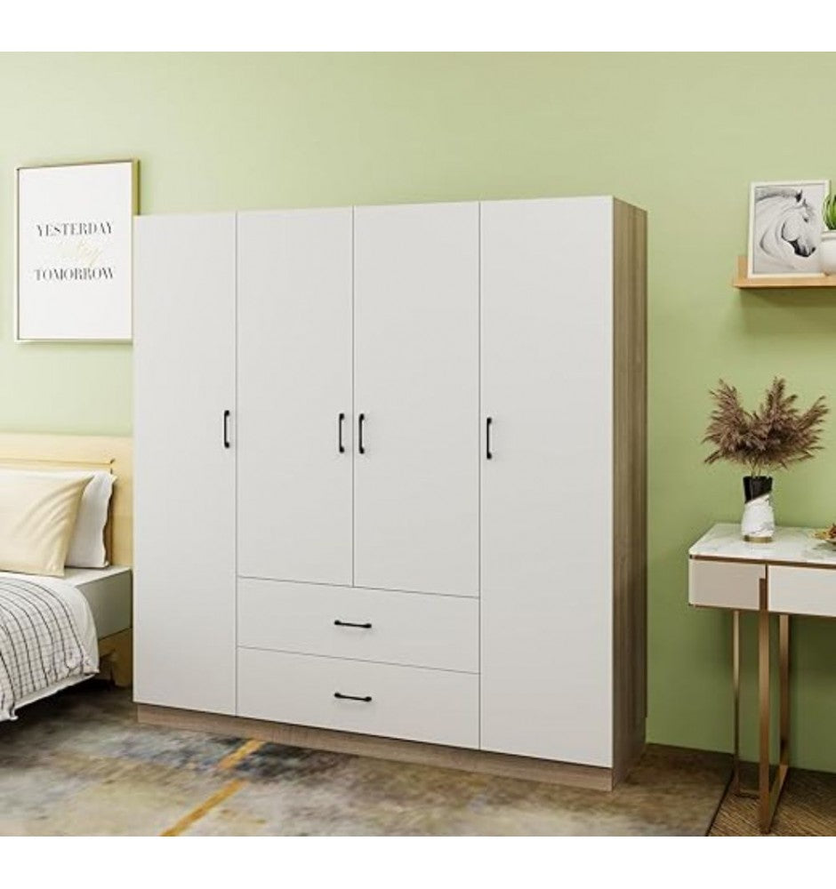 Armoire Wardrobe Closet with 4 Doors and 2 Hanging Rods 2 Drawers Wood Clothes Storage Cabinet Organization Shelving Armoire Large Capacity for Bedroom White