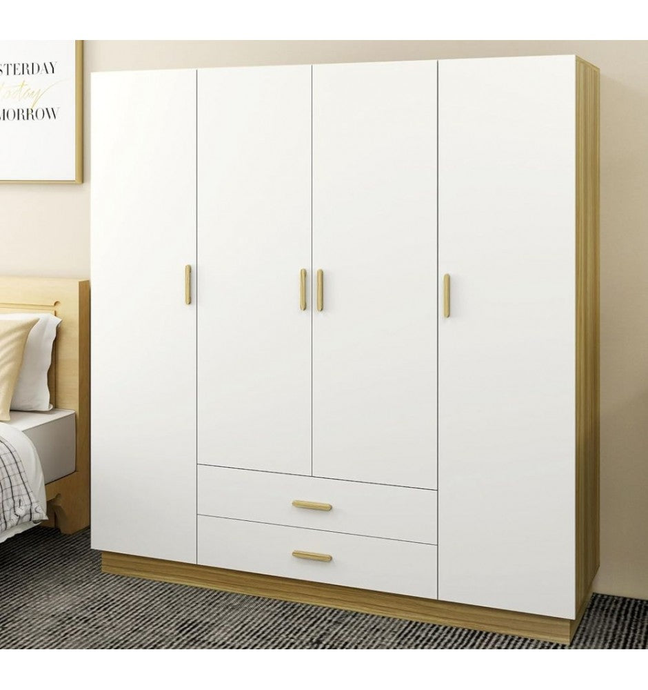 Wooden Armoire Wardrobe Closet White Large Capacity Tall Clothes Storage Cabinet with 4 Doors, 2 Drawers, 2 Hanging Rods and Shelves for Bedroom