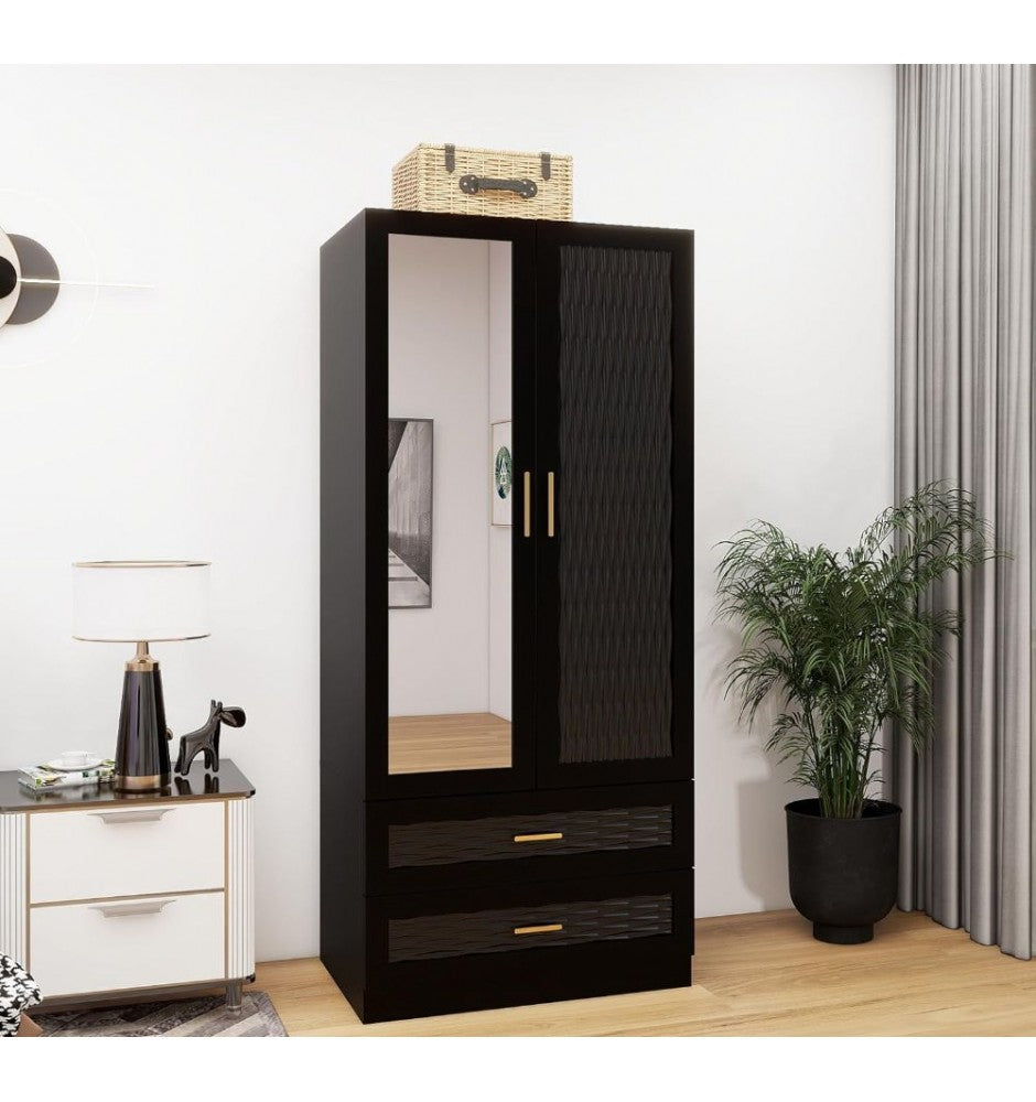 Modern Wooden Closet Armoire Wardrobe with 2 Doors, Hanging Rod, 2 Drawers, Mirror, Shelving Large Capacity Clothes Storage Wardrobe for Bedroom Black