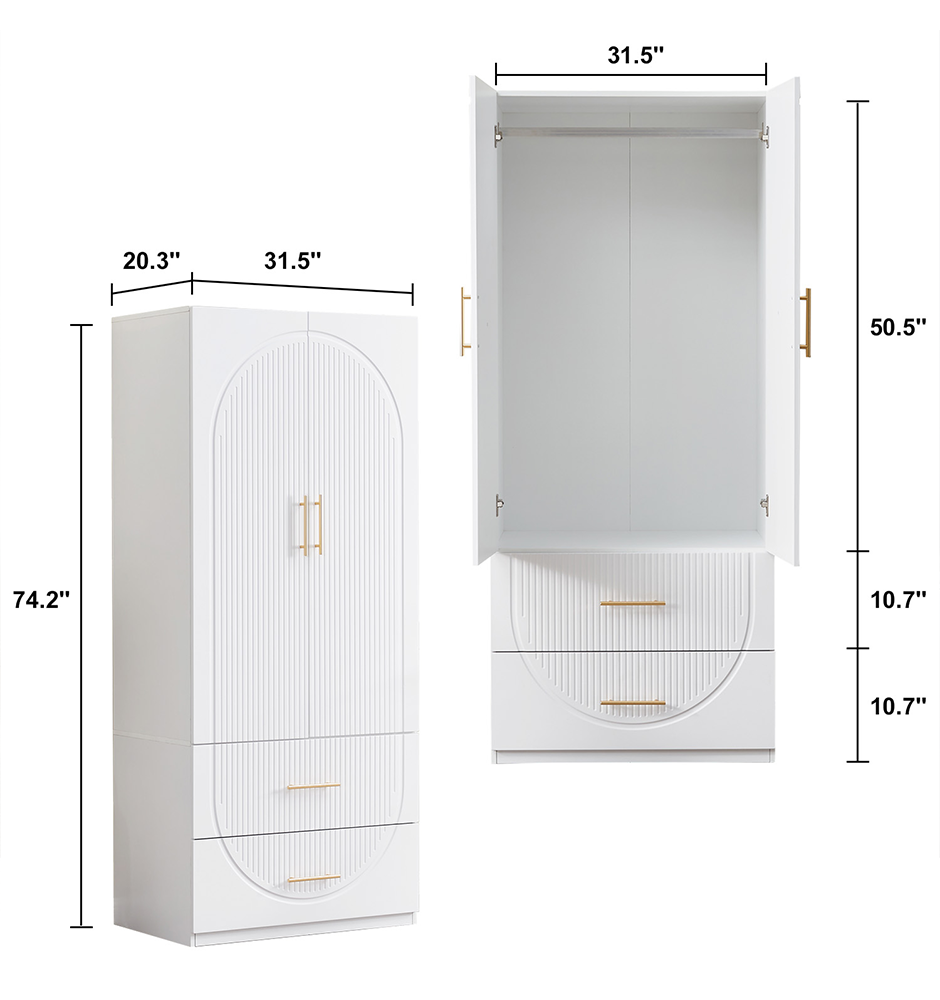 LivelyLodge 74.2 H White 2 Doors 2 Drawers Modern Wooden Armoire Wardrobe Bedroom Freestanding Closet Storage Cabinet Clothes Organizer Bathroom Storage with Hanging Rod Wardrobe Closet