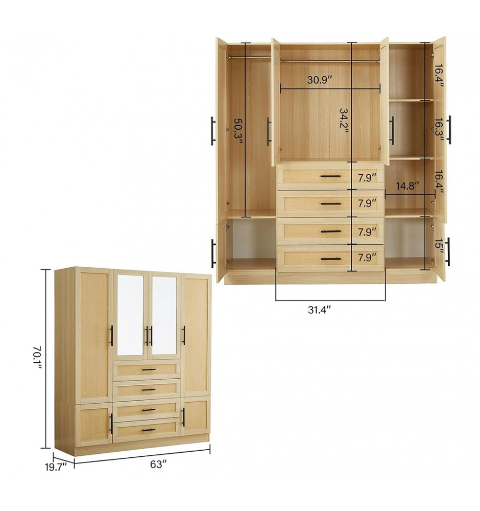 Natural Rattan Armoire Wardrobe Closet Wood with 4 Doors 4 Drawers 2 Mirrors Hanging Rod and Shelves Large Clothes Storage Cabinet for Bedroom Pantry 62.99W x 18.9D x 70.86H