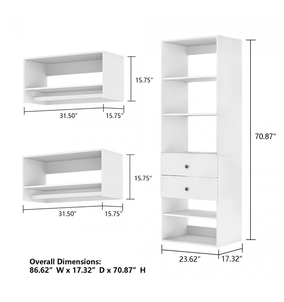 71H Closet Organizer System, Wood Closet System with Drawers, Walk in Closet Organizers and Storage with Hanging Rod, DIY Wardrobe Closet with Shelves for Bedroom (87.5W x 16D x 71H)