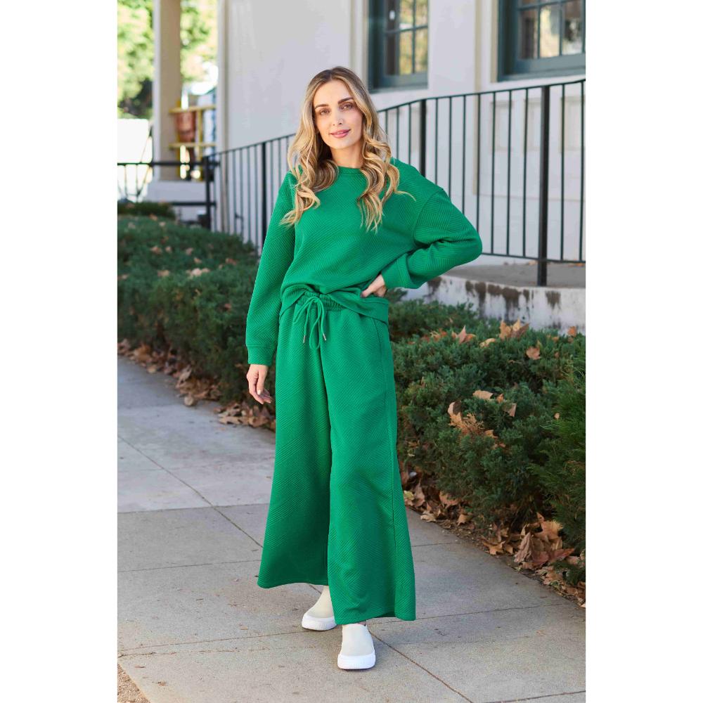 Double Take Full Size Textured Long Sleeve Top and Drawstring Pants Set