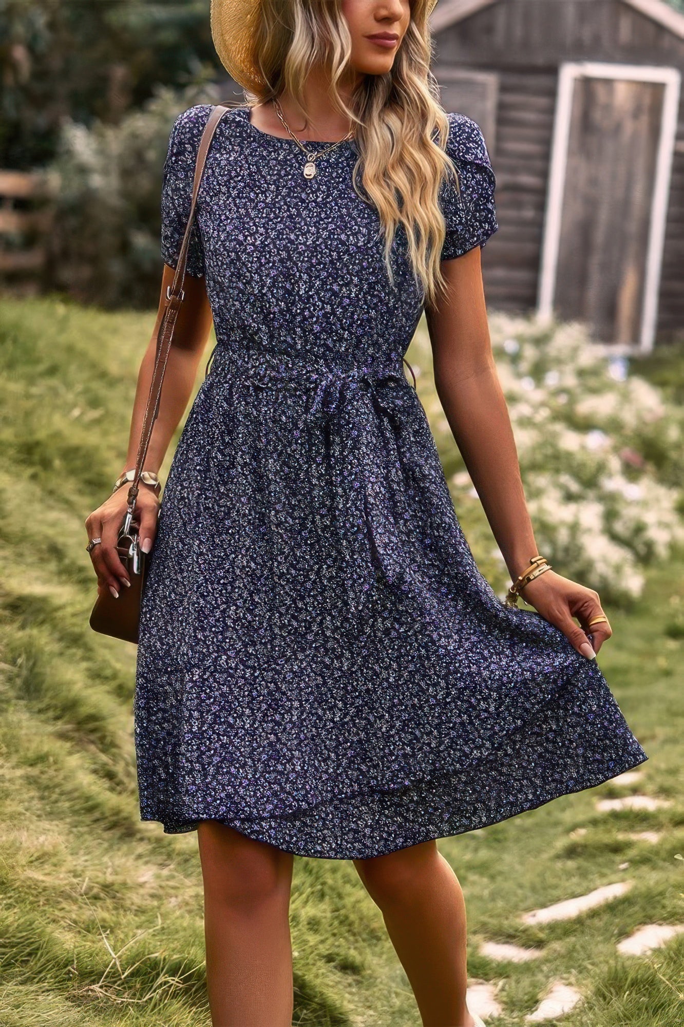 Floral Round Neck Slim Tiered A Line Ruffle Dress