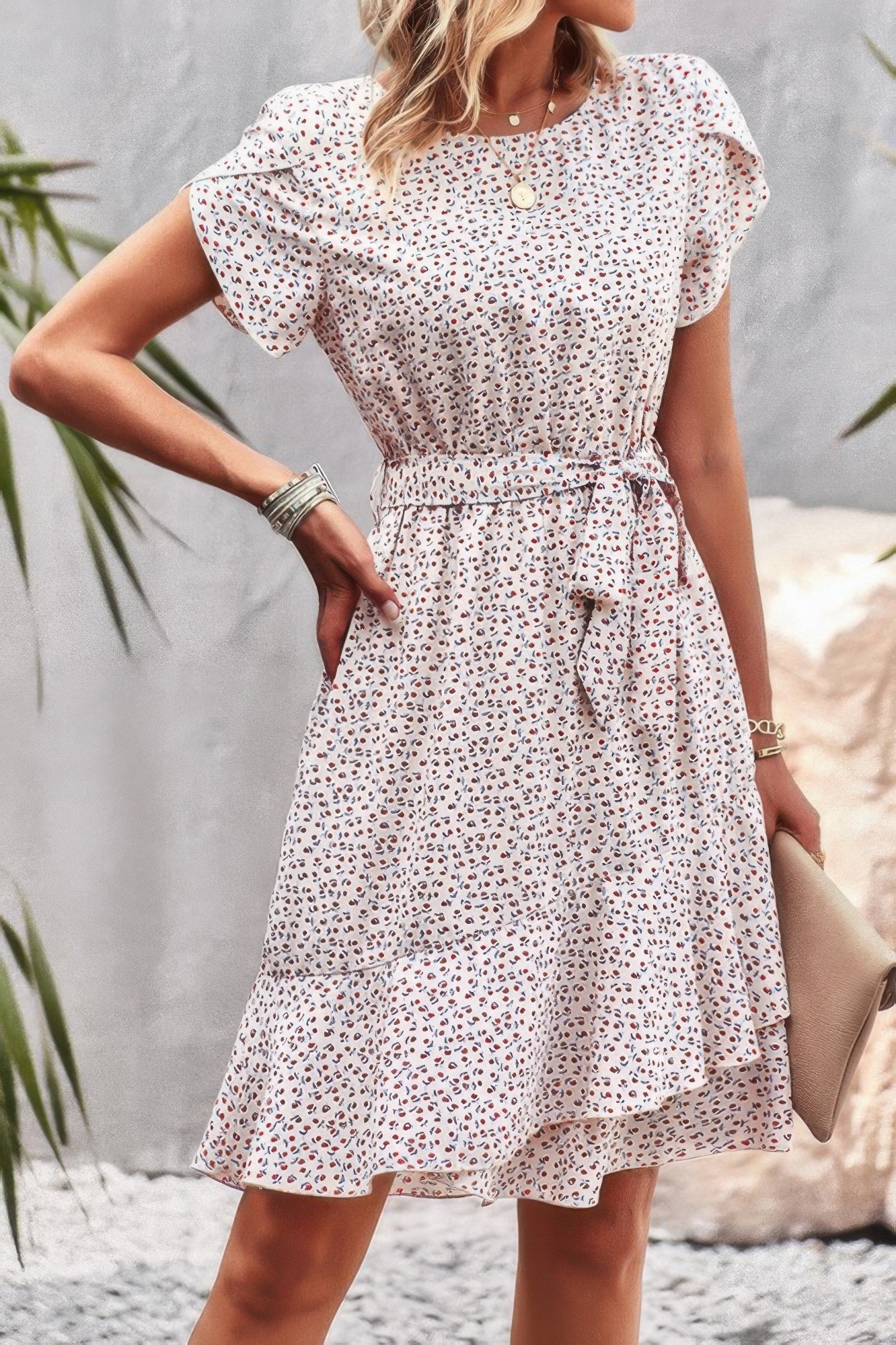 Floral Round Neck Slim Tiered A Line Ruffle Dress