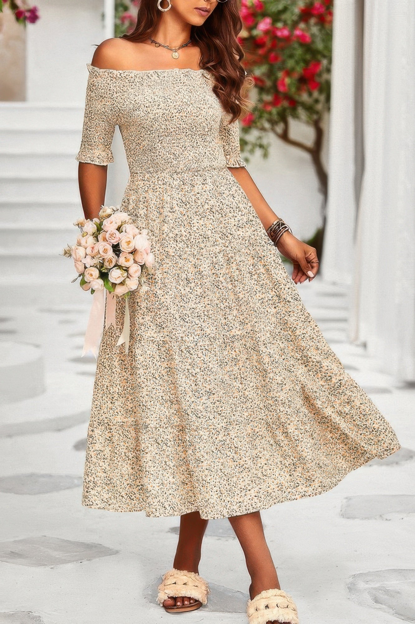 Boho Print Off Shoulder Ruffle Hem Floral Dress