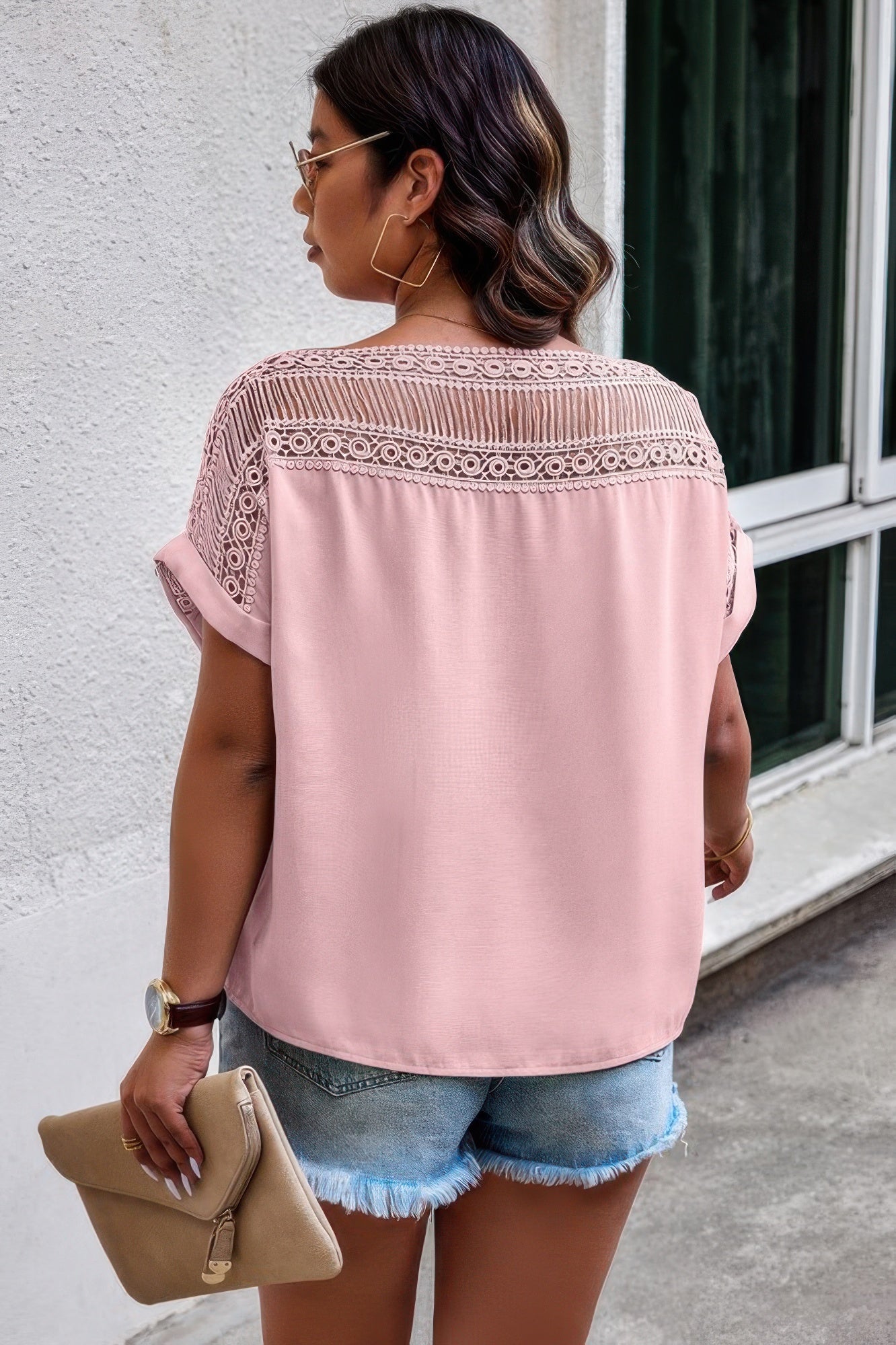 Plus Solid Round Neck Hollow Out Lace Blouse