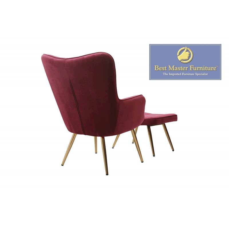 Best Master Furniture West China 29" Velvet Accent Chair and Ottoman Set in Red
