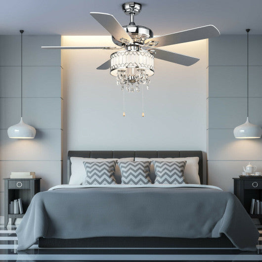 52 Inch Crystal Ceiling Fan Lamp w/ 5 Reversible Blades-Silver
