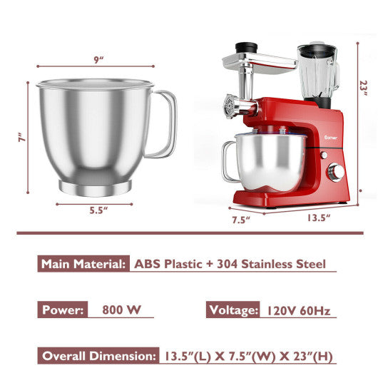 3-in-1 Multi-functional 6-speed Tilt-head Food Stand Mixer-Red