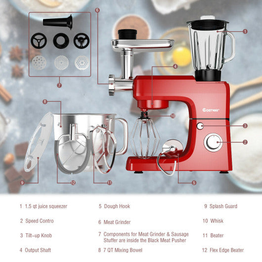 3-in-1 Multi-functional 6-speed Tilt-head Food Stand Mixer-Red