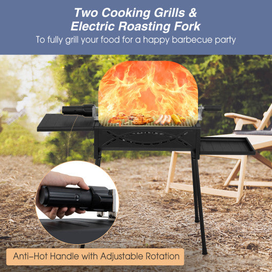 Portable Charcoal Grill with Electric Roasting Fork-Black