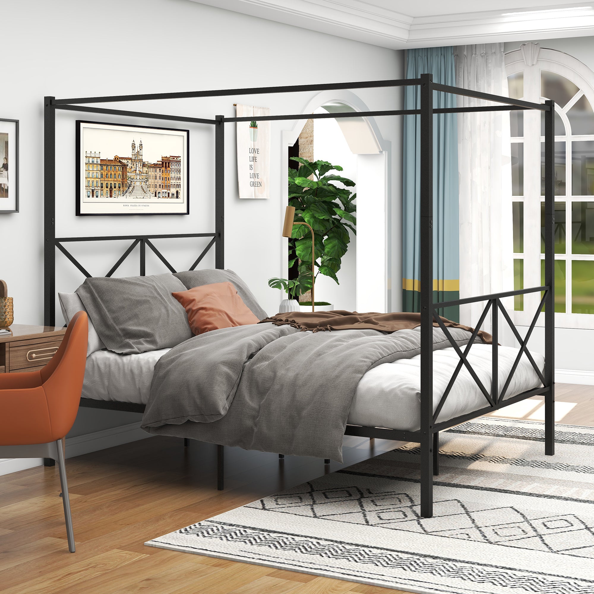 Quick Assembly Queen Sized Metal Canopy X Shaped Platform Bed Frame- Black_1