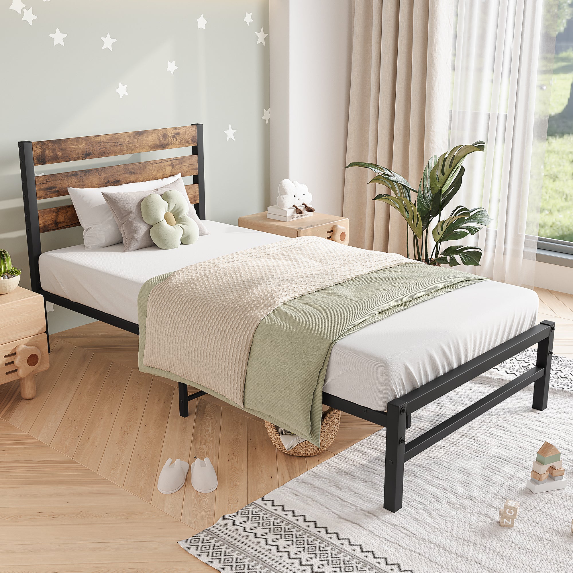 Twin-Sized Platform Bedframe with Slats and Rustic Wooden Head Board_1