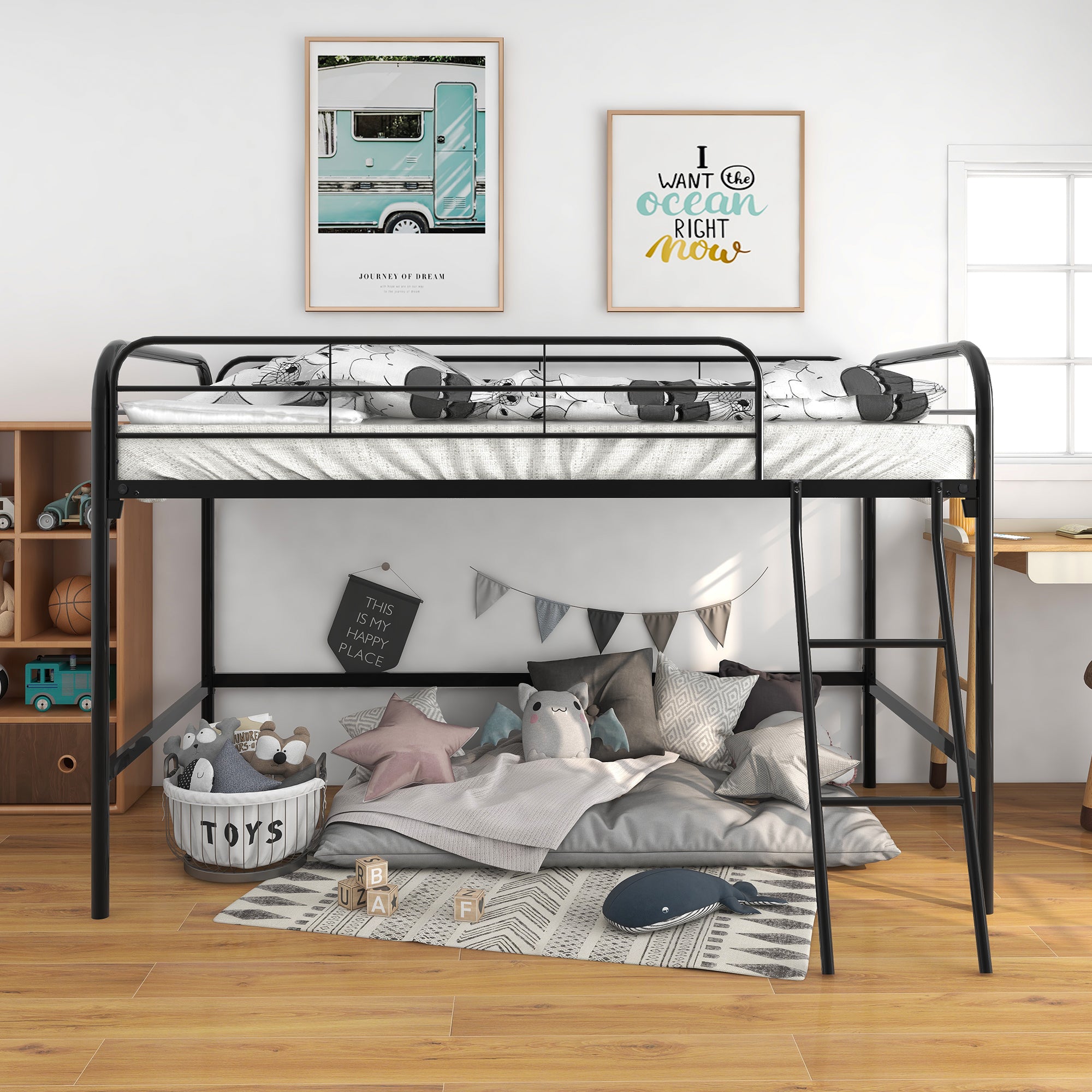Twin-Sized Full Metal High Loft Style Bedframe with Ladder and Guard Rails_0